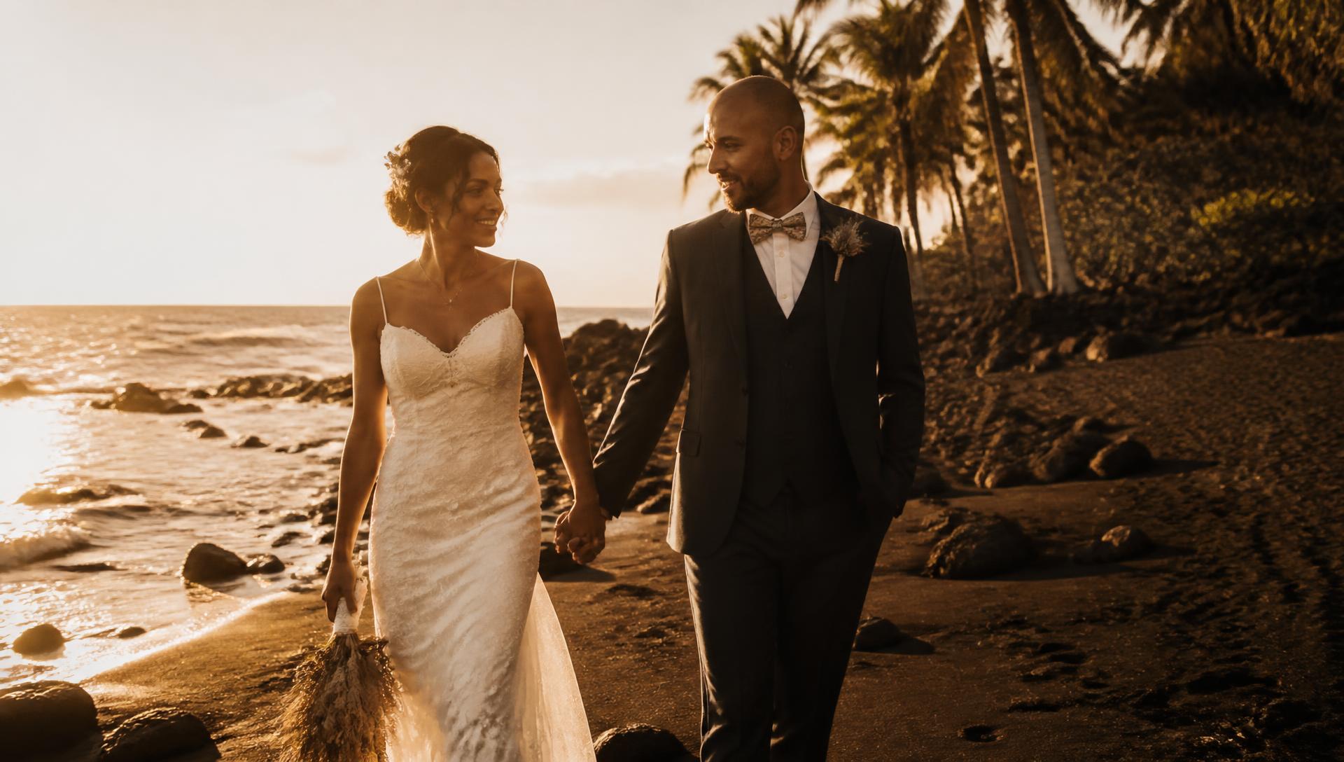 Couple de mariés au coucher du soleil sur une plage de La Réunion